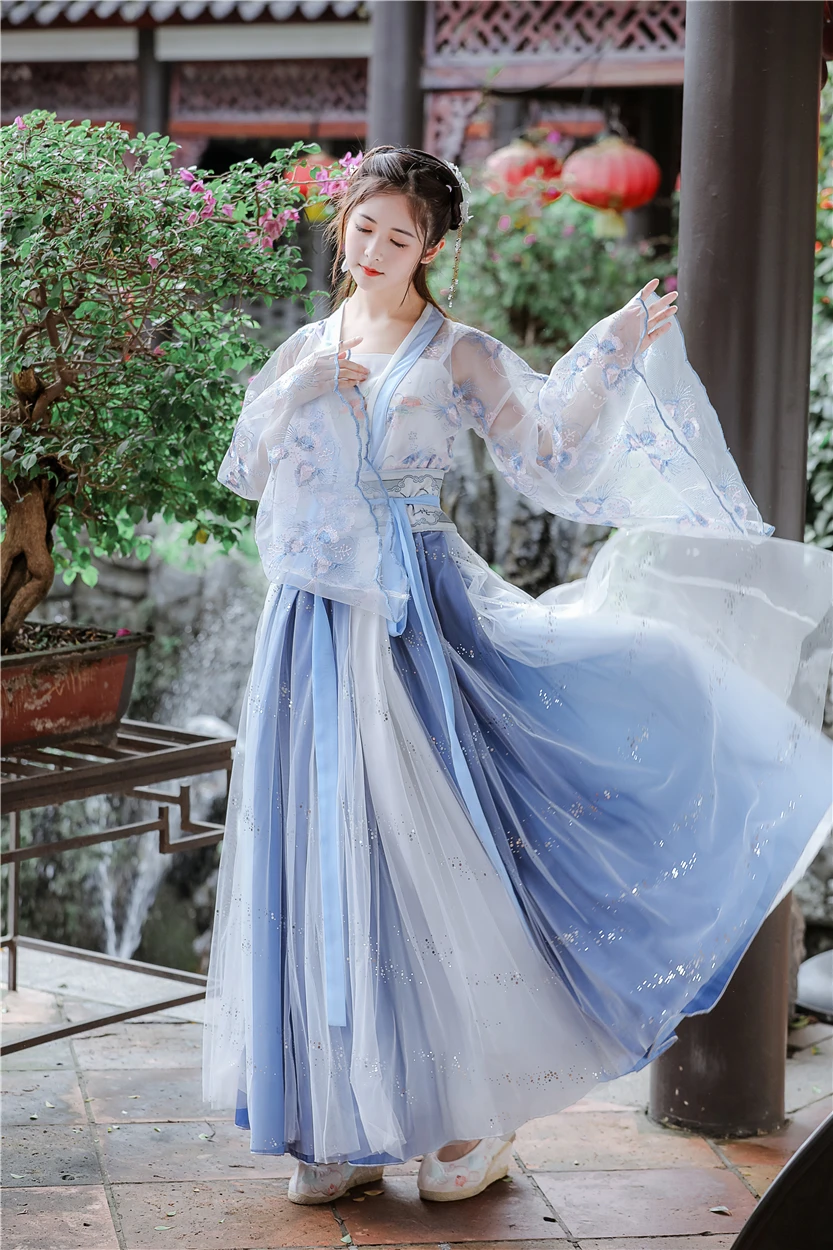

Hanfu Women's Wide Sleeve Waist Skirt Fresh Fairy Costume Daily Antique Style Suit Gradient Elegant Chinese Style 2020