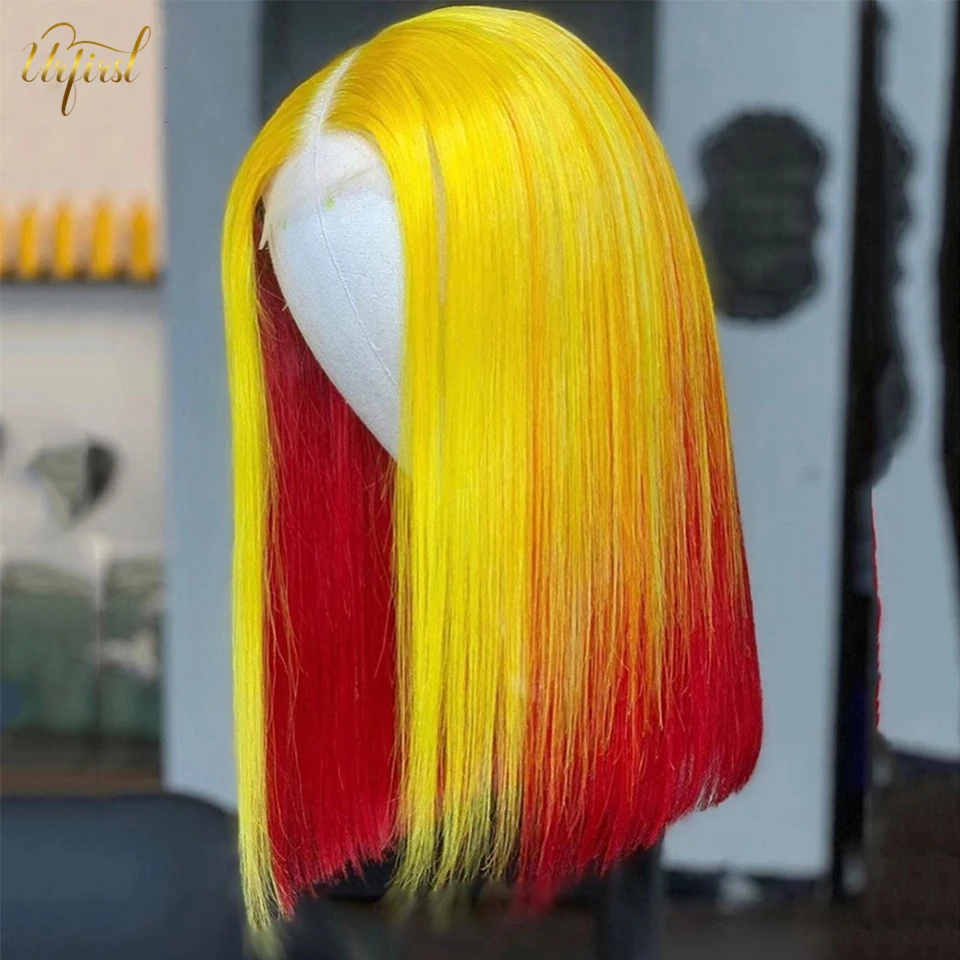 Yellow Red Bob Wig Short Bob Wig 13x1 Middle Part Human Hair Wigs For Women Lace Front Wig Blunt Cut Bob Wig Remy Ombre Wig