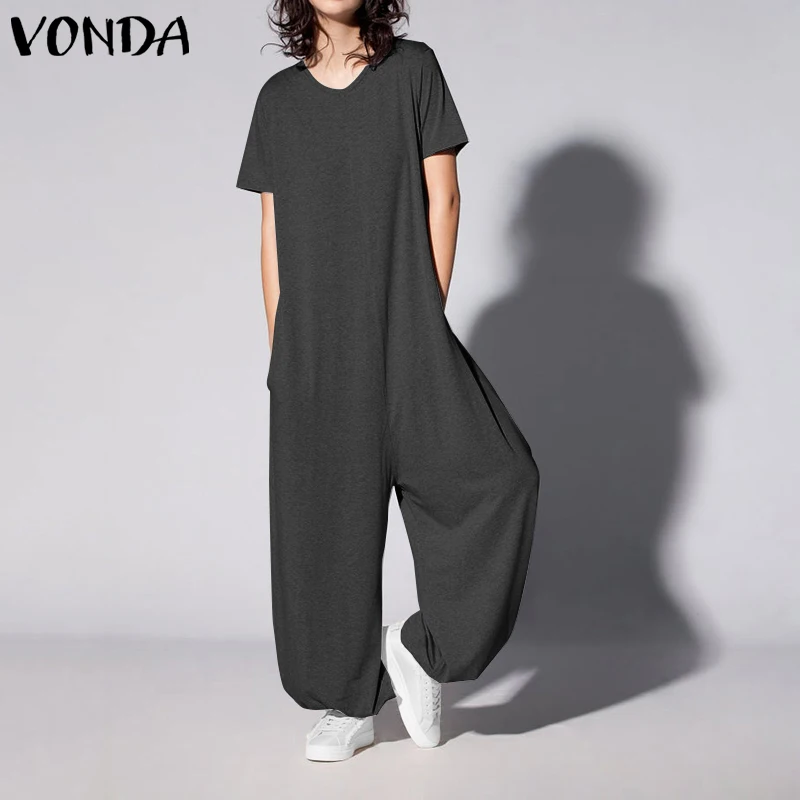 Винтажные женские комбинезоны VONDA 2021 свободного покроя с коротким рукавом