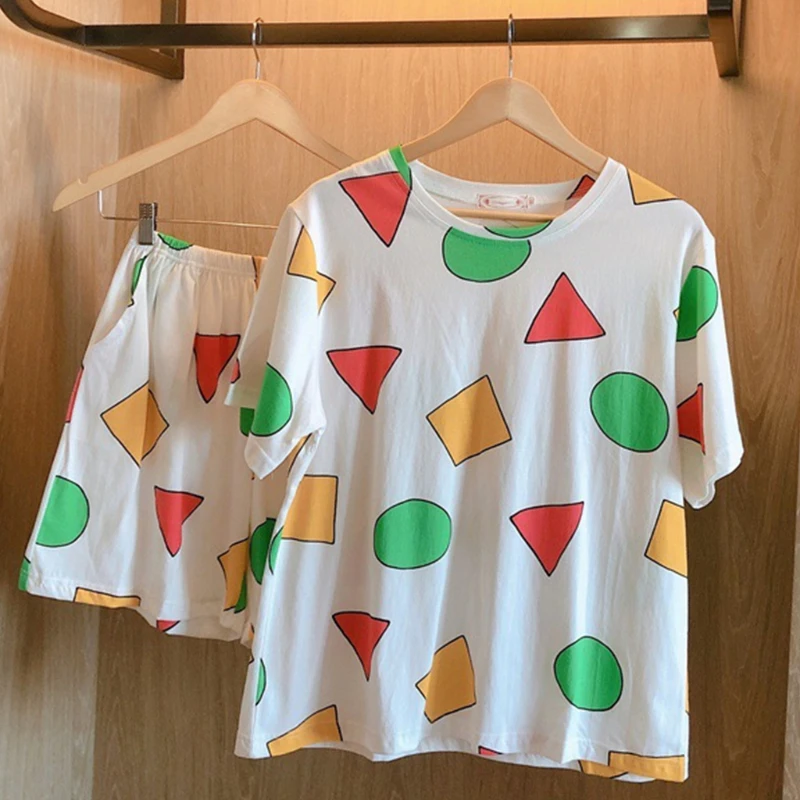 

Women Summer 2pcs Pajamas Set Short Sleeve Crew Neck Pullover Sleepwear Colorful Geometry Pattern Loose Lounge Homewear