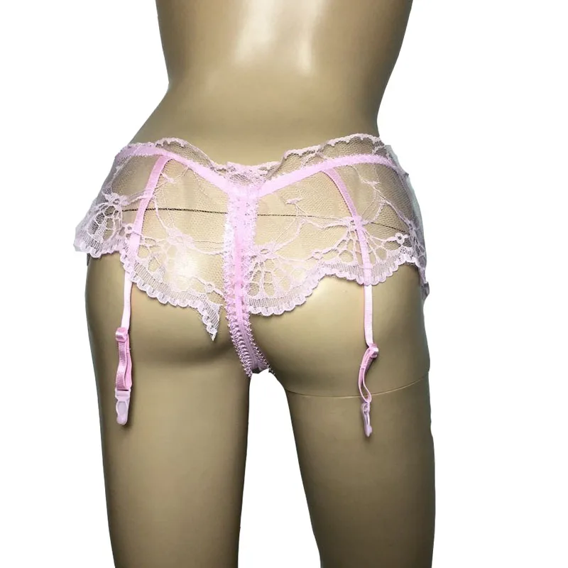 Сексуальные женские атласные розовые трусики с бантом и кружевным верхом поясом