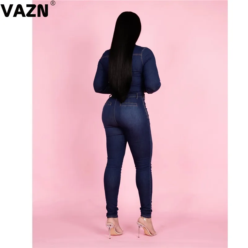 VAZN OMF5066 продукт Осень сексуальная леди глубокий синий джинсовый комбинезон полный dleeve Кнопка Летающий комбинезон леди высокий уличный комбинезон