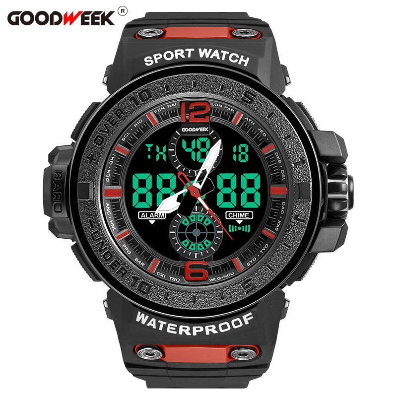 blackred GOODWEEK, мужские спортивные часы, водонепроницаемые, военные, армейские, мужские наручные часы, Led, кварцевые часы, двойной циферблат, часы, Relogios Masculino - Цвет: blackred