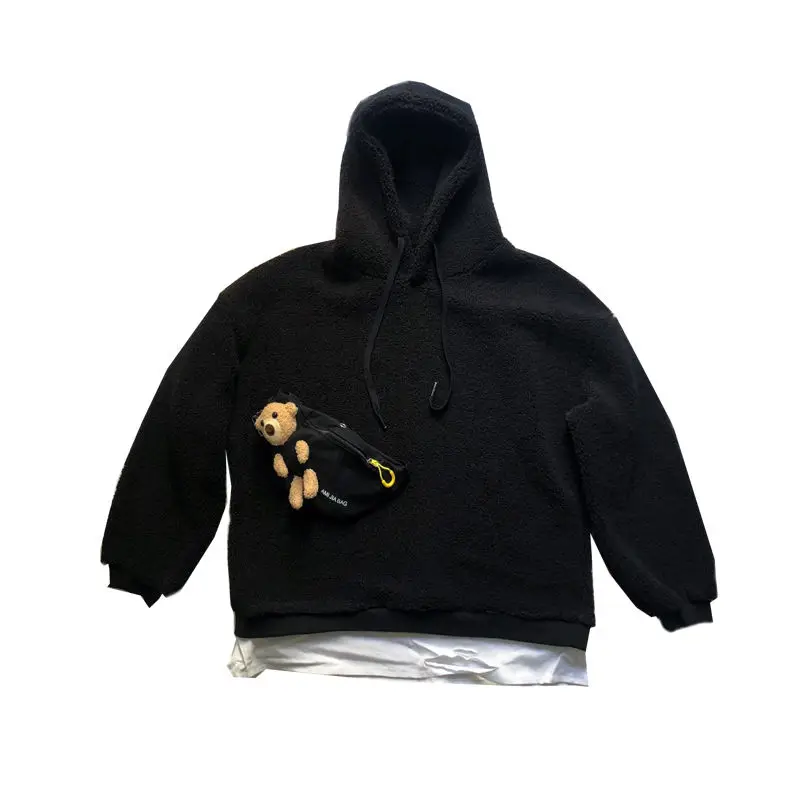

2021 Men's Send Bear Bag Two Piece Fleece Hoodies Thicken Keep Warm Pullover Loose Cotton Casual Coats Solid Color Sweatshirts