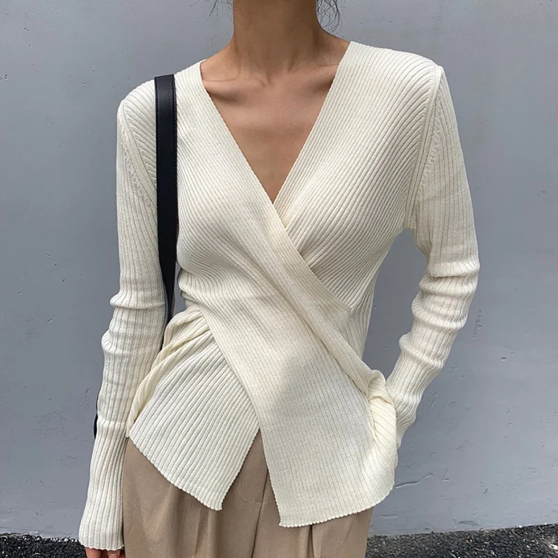 

Chic Autumn Elegant Thin V-neck Tops Cross Careful Slim Long Sleeve Bottomed T-shirt Women's Sweater