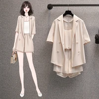 plus size womens 2021 summer new style cover meat reduce age western style suit jacket thin shorts three piece suit