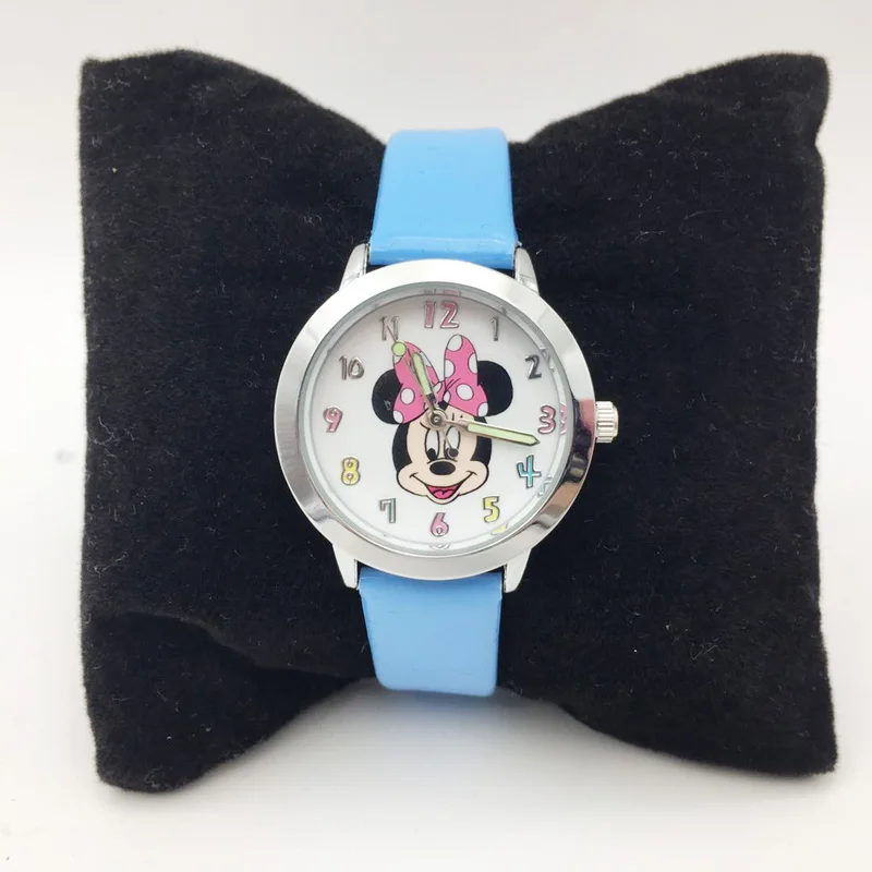 Модные милые детские часы с Минни Маус для мальчиков синие кожаным ремешком