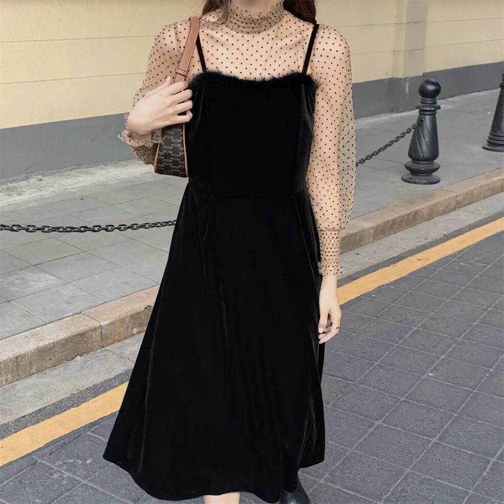 

대한민국 Sexy Women Two Pieces Sets Polka Dots Loose Femme Blouses 2021 Autumn Soft Elegant Velvet Slim New Long Dress