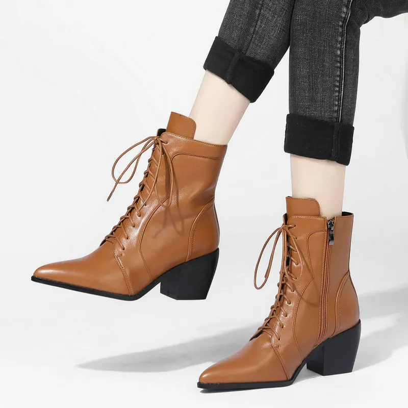 Ботильоны женские на массивном каблуке молнии с перекрестным ремешком и острым