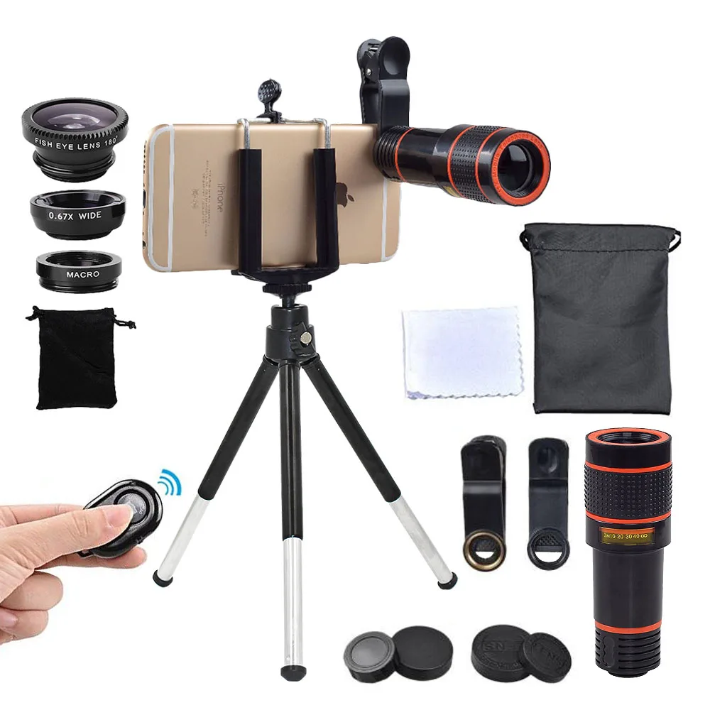 

Camera Kit 12X Zoom Lens for Smartphone Telescope Camera Lente Phone Telescope Fisheye Macro Lens Tripod Clip Bluetooth