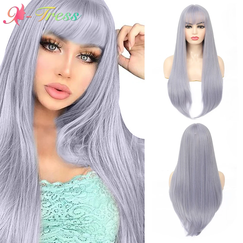 

X-TRESS Lolita Cosplay Wig with Bangs Light Gray Long Silky Straight Synthetic Wigs for Black White Women Heat Resistant Fiber