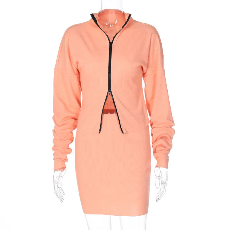 

Women Winter Two Piece Sets Pink Long Sleeve Coat Hip Mini Short Skirt 2020 Fall Clothes Suit Streetwear Package