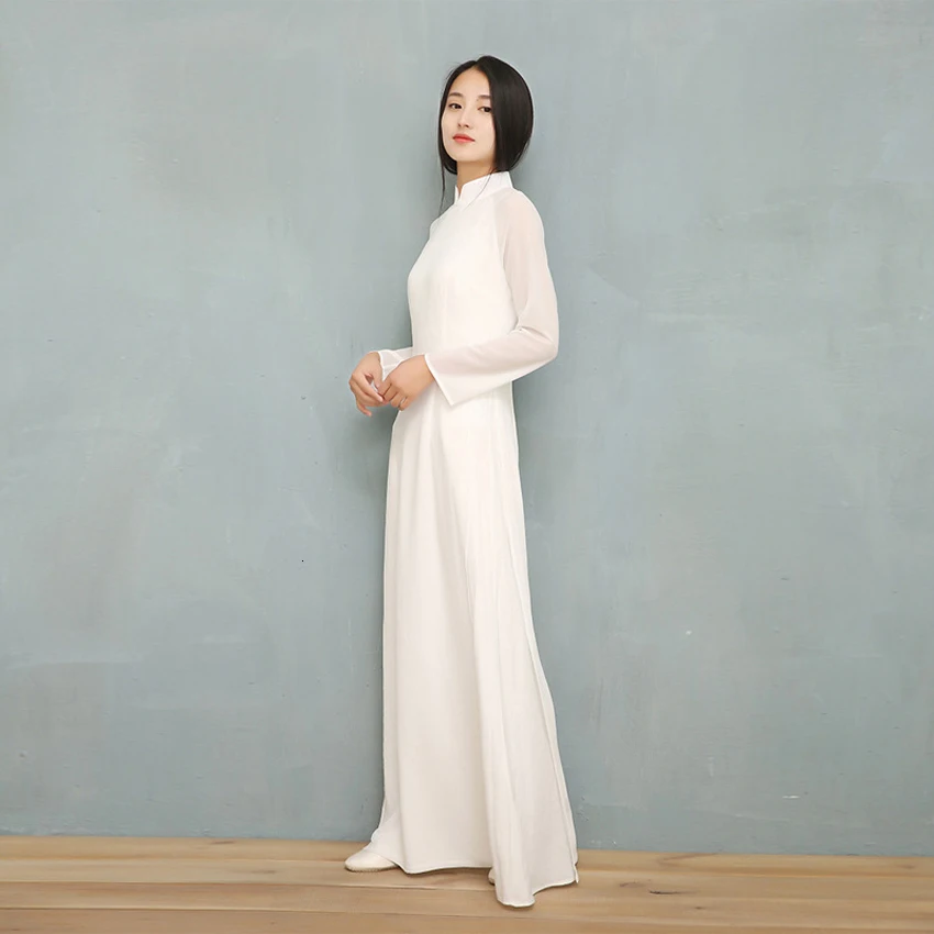 as picture Vietnam Ao Dai White Solid Chiffon Perspective Dress for Woman Chinese Cheongsams Full Sleeve Female Oriental Dress - Цвет: as picture