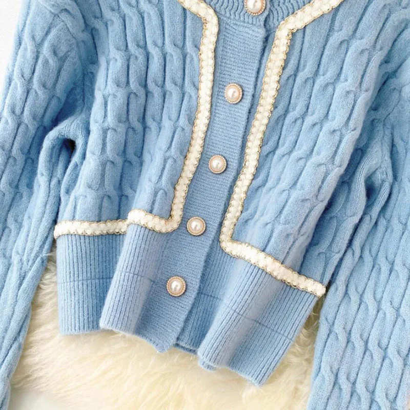 

Elegant Knitted Cardigan Sweater Women Pearl Button Short Sweater Coat O Neck Long Sleeve Knitwear Casual Outwear Female Tops