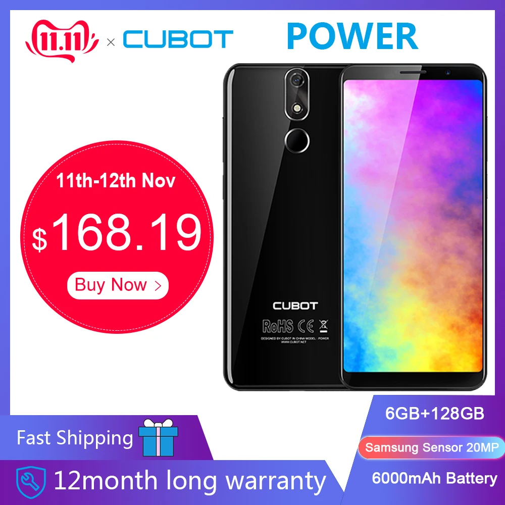 Cubot Power 6000 мА/ч, Helio P23 Octa Core 6 ГБ Оперативная память 128 Гб Встроенная память 5,9" FHD+ Android 8,1 смартфон 16.0MP 6P lens Телефон Type-C 4G