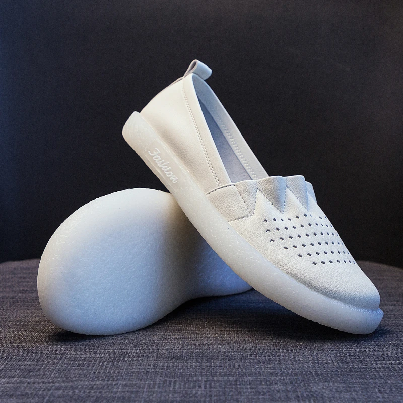 

Summer Female PU Loafers Hollow Breathable Soft Casual Solid Color Pregnant Women 2021 New Flat Shoes