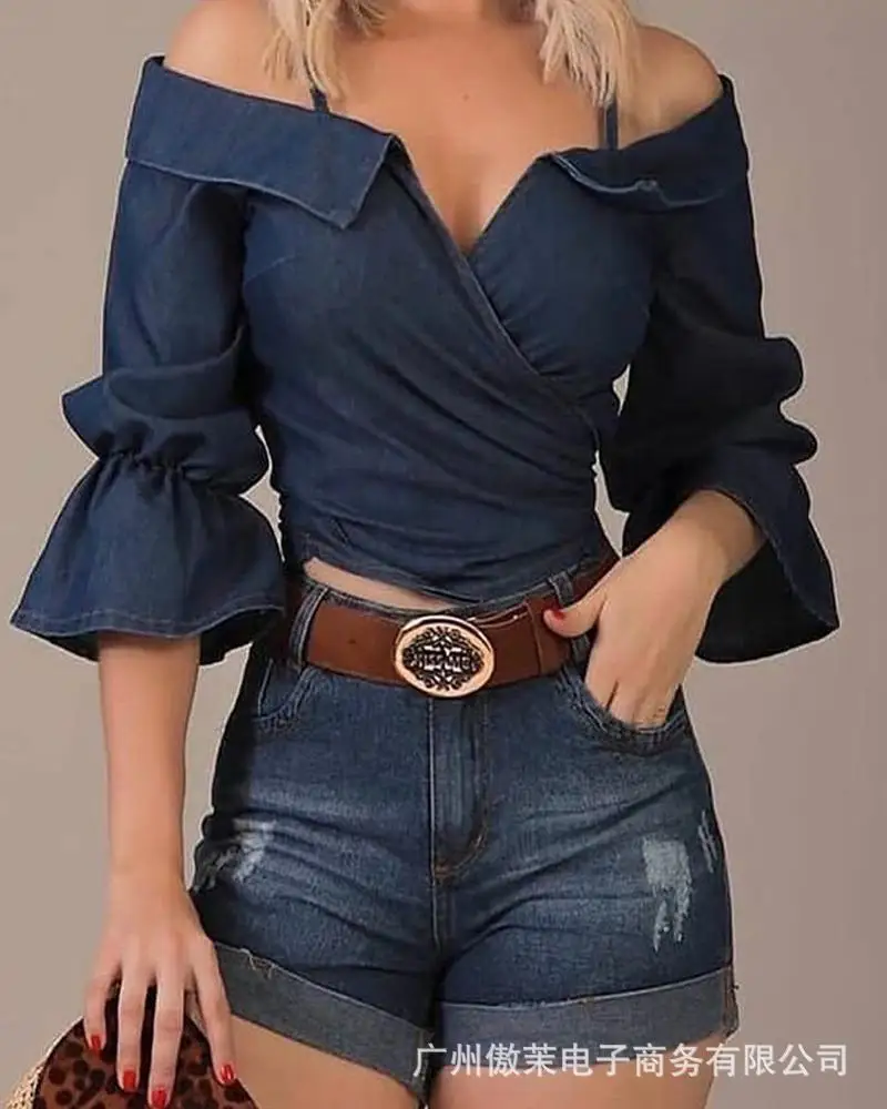 

Casual Top Women Autumn 2021 New Fashion Solid Color V-neck Strapless Flared Sleeve Top