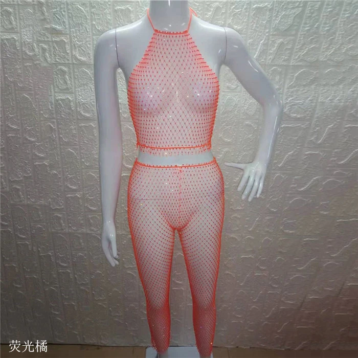 Neon Orange Мужские туфли из сетчатого материала с перфорацией из сетки два комплект из 2 частей из блестящих стразов с лямкой на шее короткий топ сексуальный Прозрачная Мини-юбки Для женщин летние пляжные костюмы - Цвет: Neon Orange