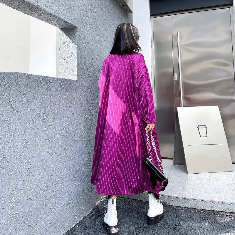 

[EAM] Women Striped Big Size Long Trench New Lapel Long Sleeve Loose Fit Windbreaker Fashion Tide Spring Autumn 2021 1DD5213