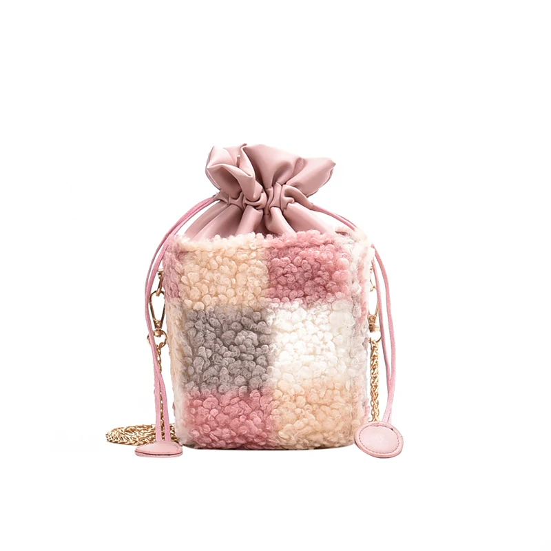 

New fashion ladies faux lambskin fur handbag soft plush solid ladies shoulder square bucket bag women evening clutch bag messeng