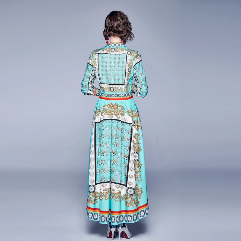 

New Elegant Vintage Women Print Slim Tunic Maxi Dress Evening Party Clothing Lady Long Sleeve Dresses