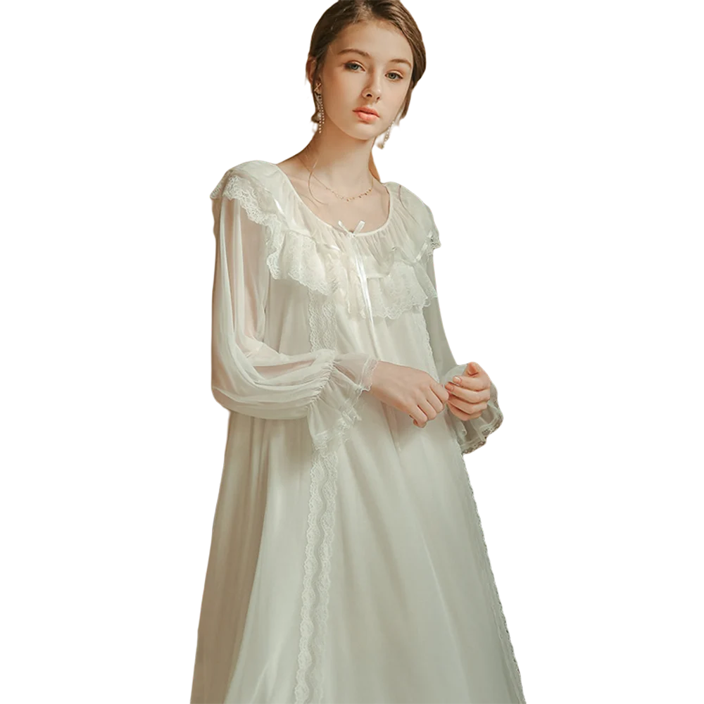 

Maison Gabrielle 2021 Summer Chiffon Nightgown Lace Court Style Long Sleeve Vintage Nightgowns Sleepwear Loungewear for Women