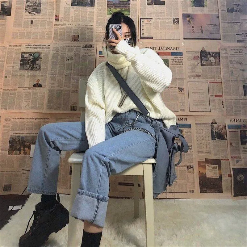 Крутой женский свободный Однотонный свитер в Корейском стиле уличном милый