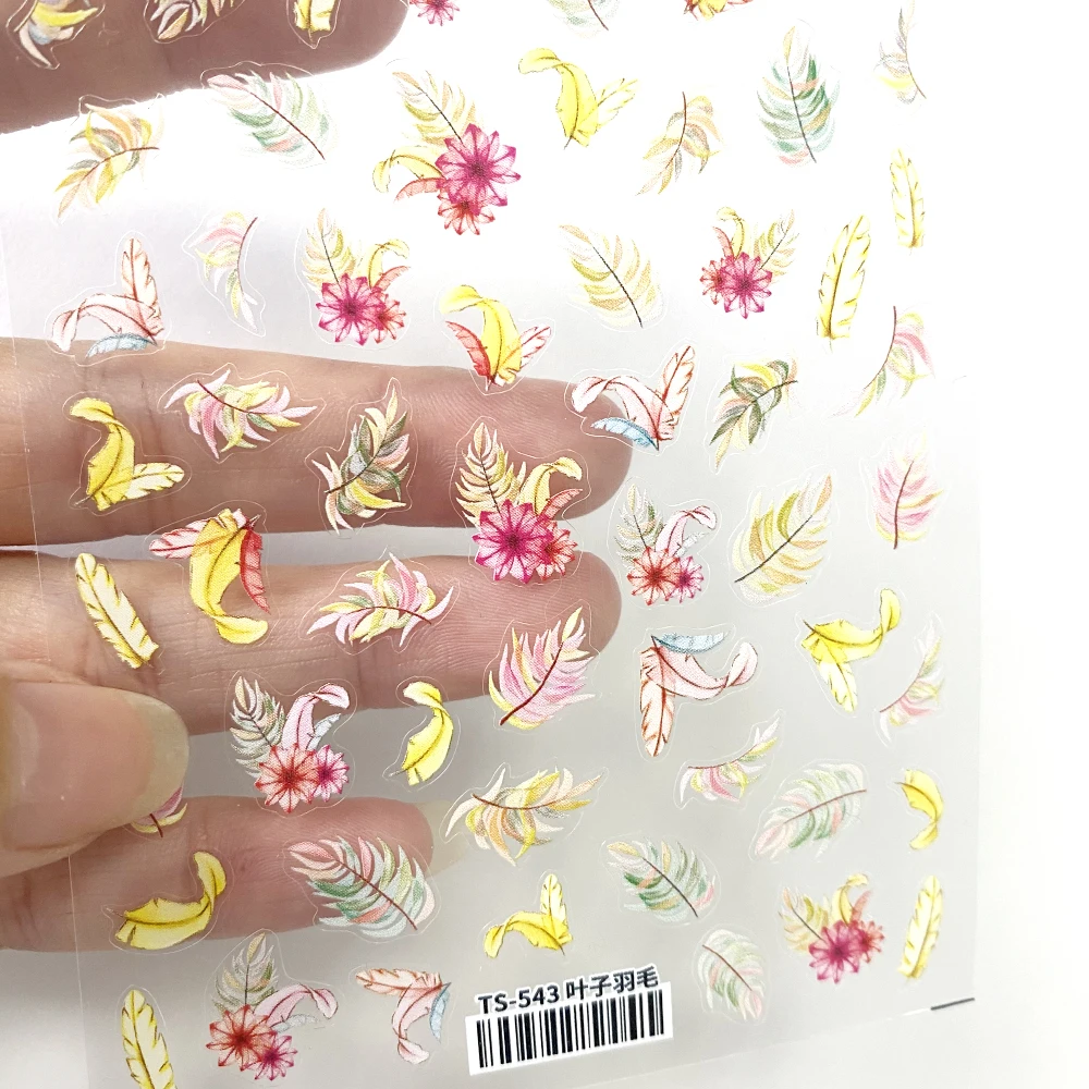 

1pcs colorful leaf feather 3D Nail Sticker Flower Pattern Transfer Sliders Decoration Tips Top Quality Adhesive Charm Feather