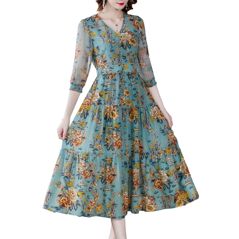 

Summer Casual Floral Chiffon Beach Midi Dress Vintage Print 4XL Plus Size Sundress Women Elegant high quality Party Vestidos
