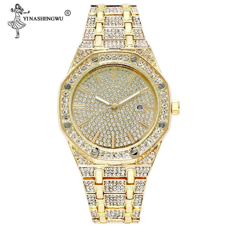 

Men Watches Hip Hop Punk Bling 1 Row Rhinestone Tennis Chain & Watch Set Silver Gold Rose Gold Color Necklace For Men Women Gift