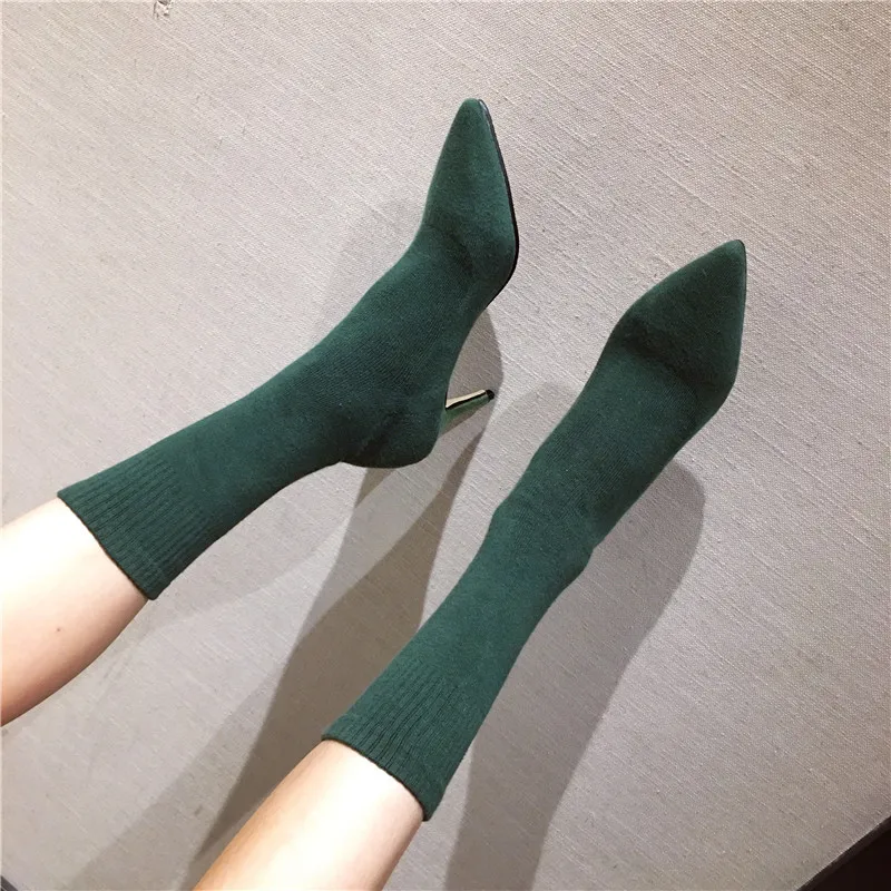 Green Sock Boots Женские сапоги до середины икры; эластичные тканевые носки; женская зимняя обувь; пикантная женская обувь на высоком каблуке; размеры 34-39; цвет красный, желтый, черный, зеленый - Цвет: Green Sock Boots