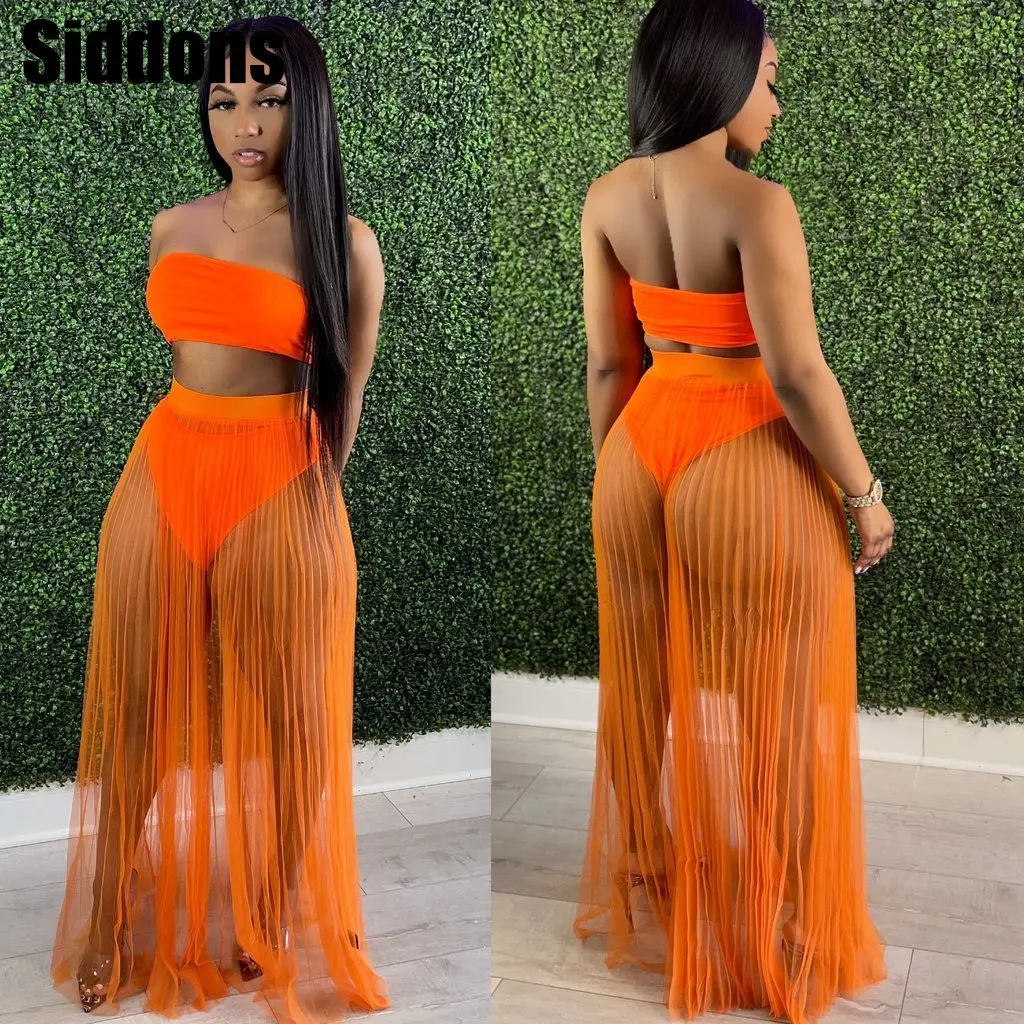 

Women Sexy Summer Beach Suit Bikini Set Sheer Mesh Pleated Maxi Skirt Female Fashion Bathing Suit Can Be Sold Separately