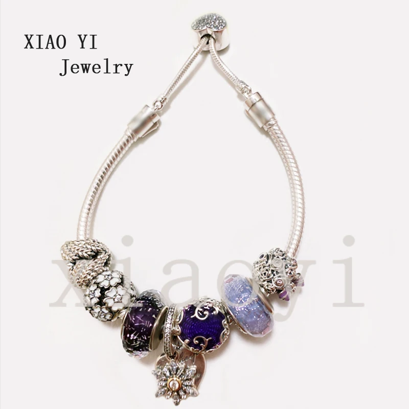

XIAOYI 2020 new 100% s925 Purple glaze love snowflake wings hollowed out Flower Bow fashion temperament pull Bracelet female
