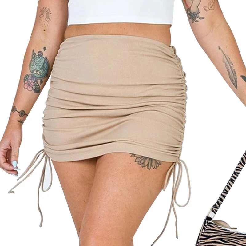 

2021 New Women High Waist Ribbed Knitted Sexy Bodycon Mini Skirt Side Ruched Drawstring Solid Color Package Hip Streetwear
