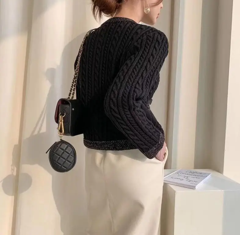 

Autumn Winter Womens Cute Sweet Small Short Outerwear Coat Solid Black White Single Breasted Button Knitted Cardigans