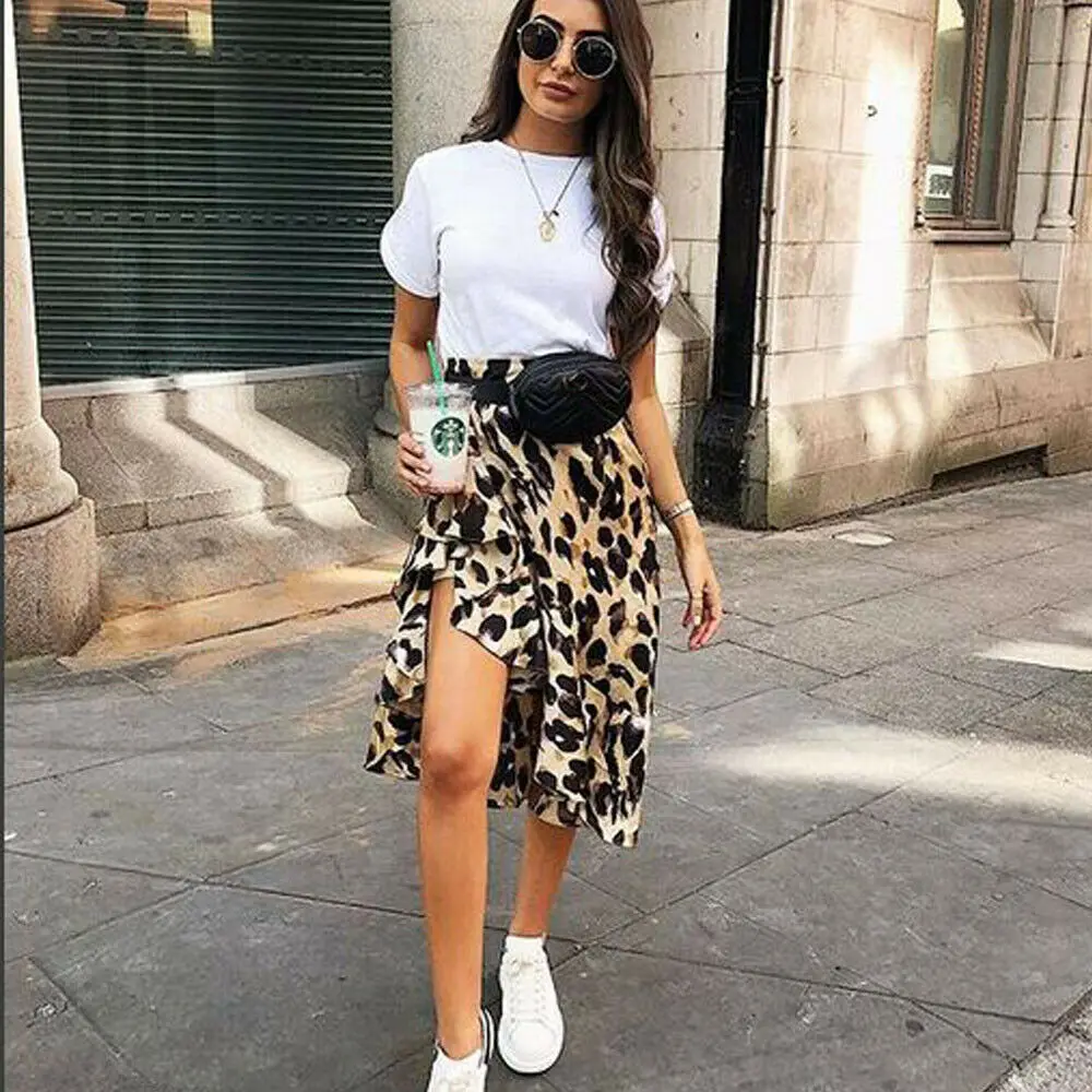 

Women Fashion Leopard Skirt Sexy Wrap Over Asymmetrical Calf Length Skirt Ladies Casual High Waist Slim Skirts
