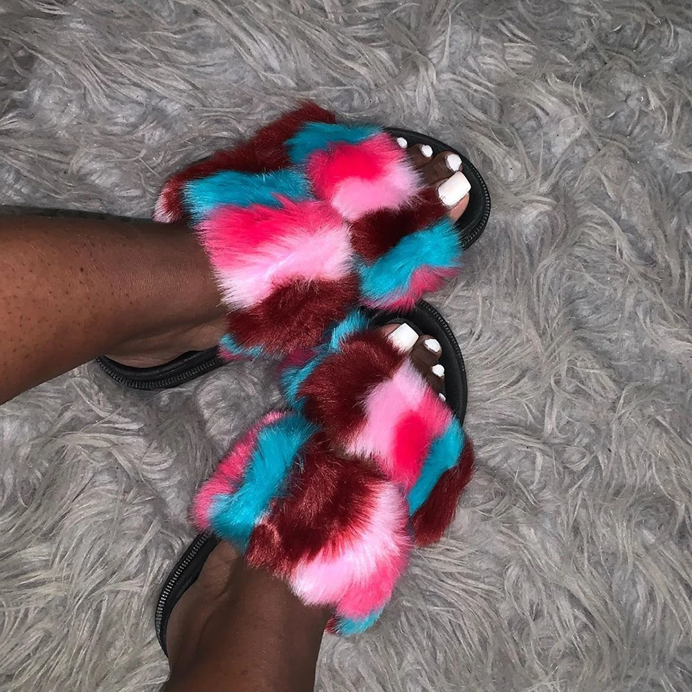Шлепанцы женские из искусственного меха меховые сандалии Нескользящие пушистые