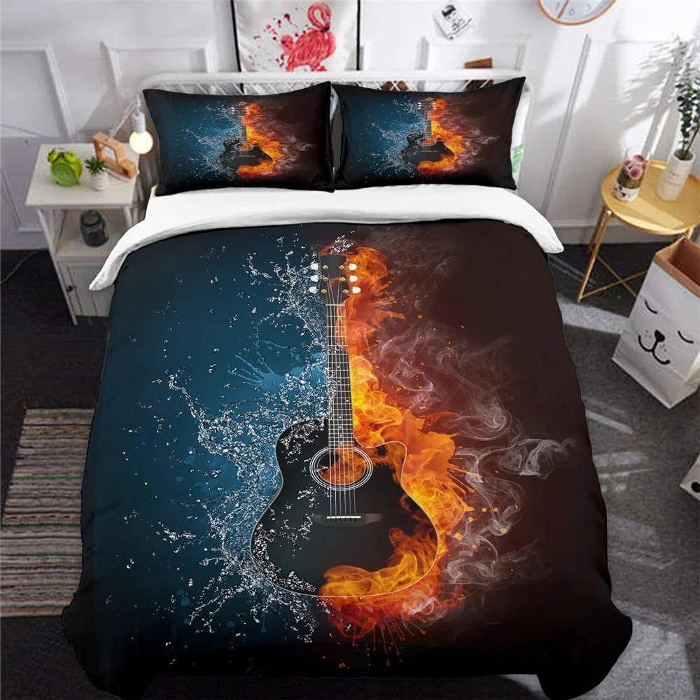 3D Printed Duvet Cover Set Fire Water Guitar Single Double Bedding Set Twin Full Queen King Size Black Bedclothes Kid Adult Home