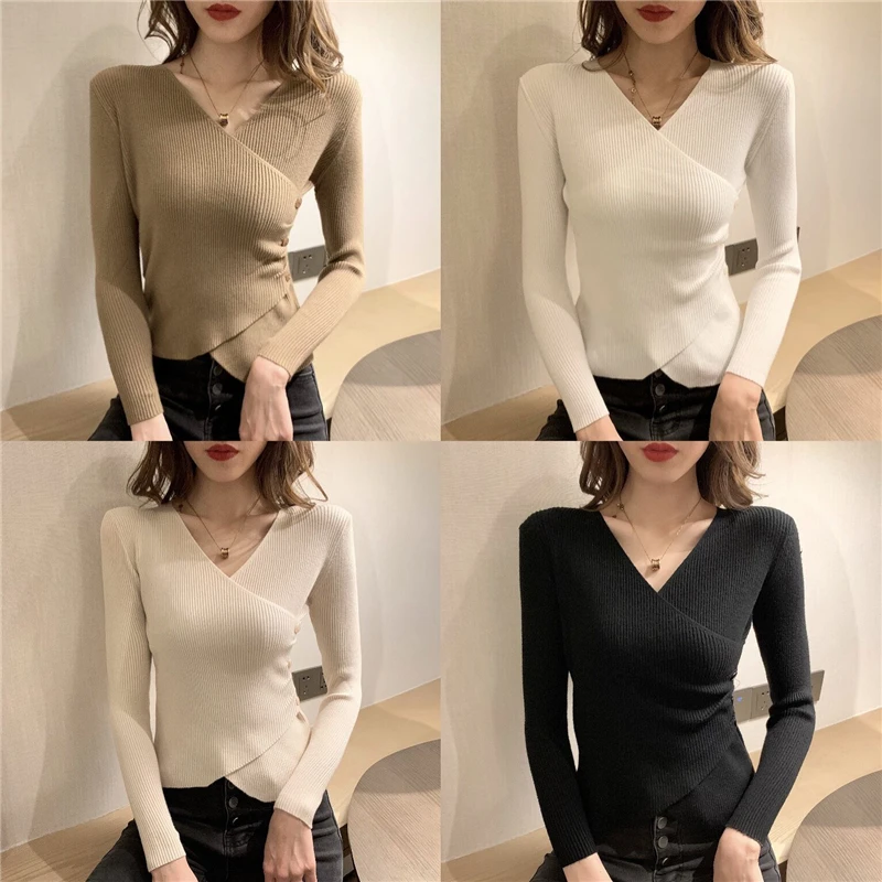

Make firm offers new v-neck cross sexy pure color long sleeve knit han edition cultivate one's morality joker head base