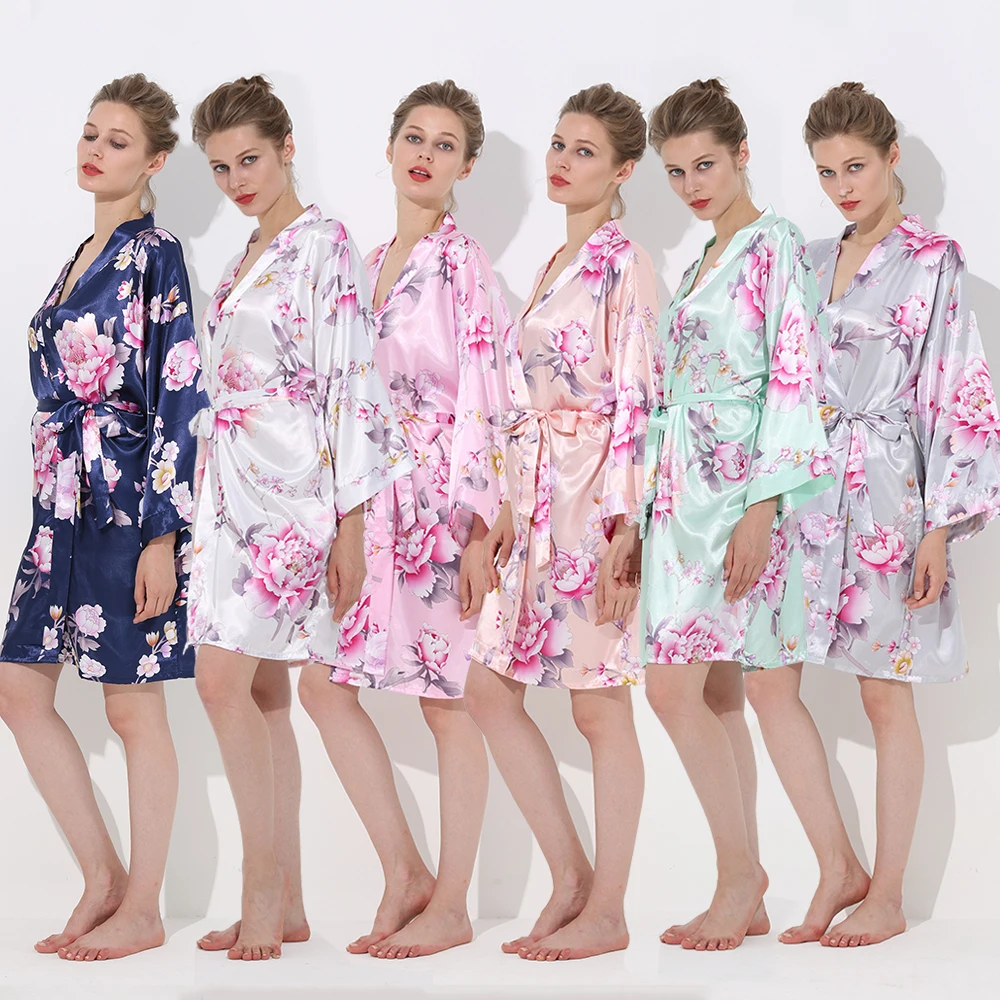 Floral Robes Floral Satin Silk Bridal Bride Bridesmaid Robes Party Robe Plus Size Women Ladies Short Gowns Bathrobe