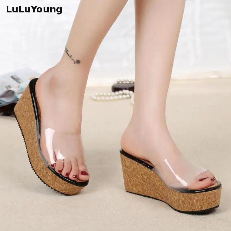 

Transparent Wedges Heel Female Sexy High Heel Fishmouth Sandals Pvc Clear Shoes Peep Toe Womans Summer Shoes 2021