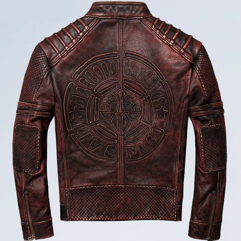 

2020 Vintage Brown Men Slim Fit Biker's Plus Size XXXXXL Genuine Cowhide Autumn Motorcycle Leather Coat