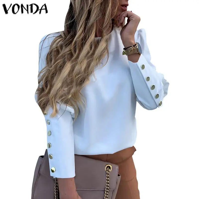 VONDA, Офисная Женская блузка на пуговицах сзади, женские рубашки, Сексуальные вечерние топы, осень, богемная туника, повседневные свободные блузы размера плюс - Цвет: Белый