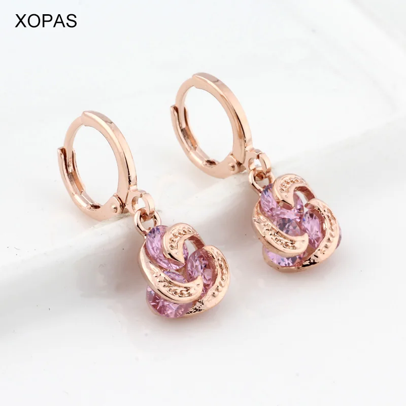 Женские серьги подвески с фианитом круглые цвета розового золота 585 пробы