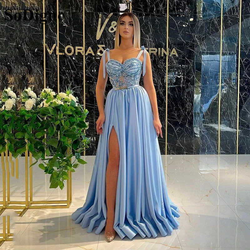 SoDigne – robe de soirée en Satin bleu ciel, avec ceinture, perles, robe de bal formelle, longueur au sol, robes pour femmes  (0)