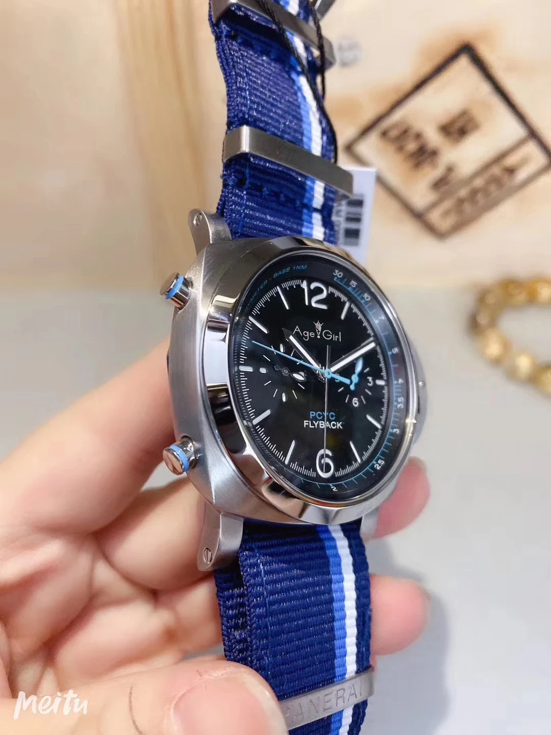 

Luxury New Men Automatic Mechanical Stainless Steel GMT Nato Canvas Flyback PCYC Blue Watch 1950 Luminous Sapphire 44mm