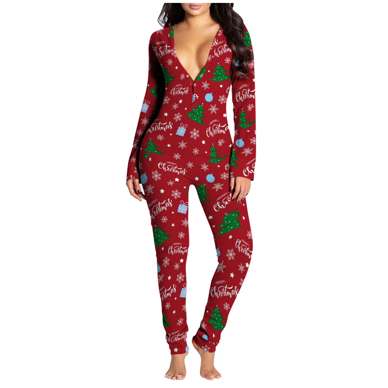 Sexy Christmas Pajama for Women New Year Jumpsuit Button-down Front Back Butt Bum Open Ass Flap Xmas Print Loungewear |