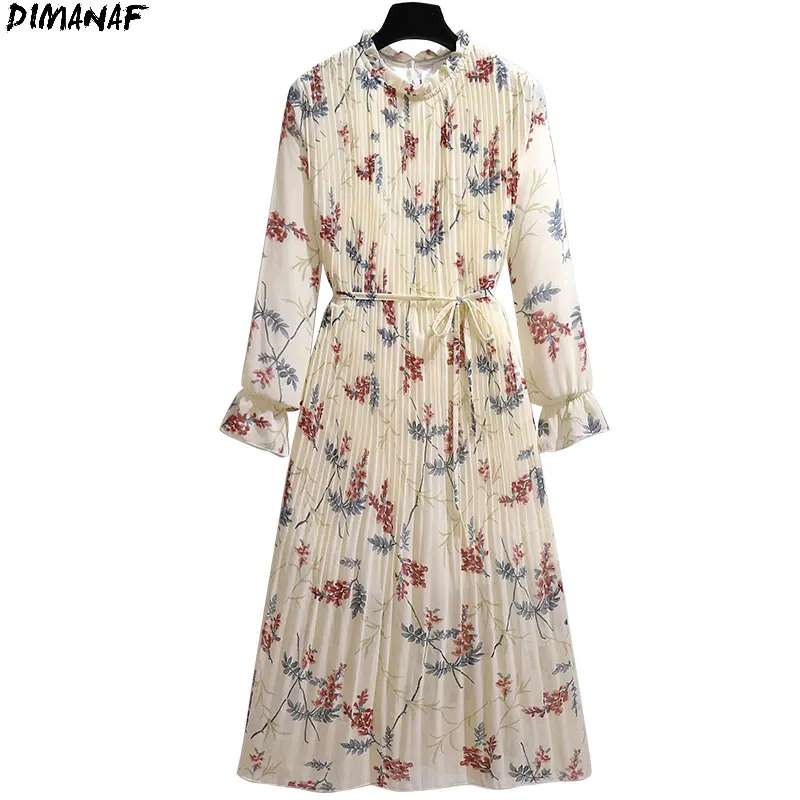

DIMANAF 2021 Summer Pleated Dress Women Oversize Dress Chiffon Lady Floral Print Vestidos Sundress Holiday Maxi Dress Oversized