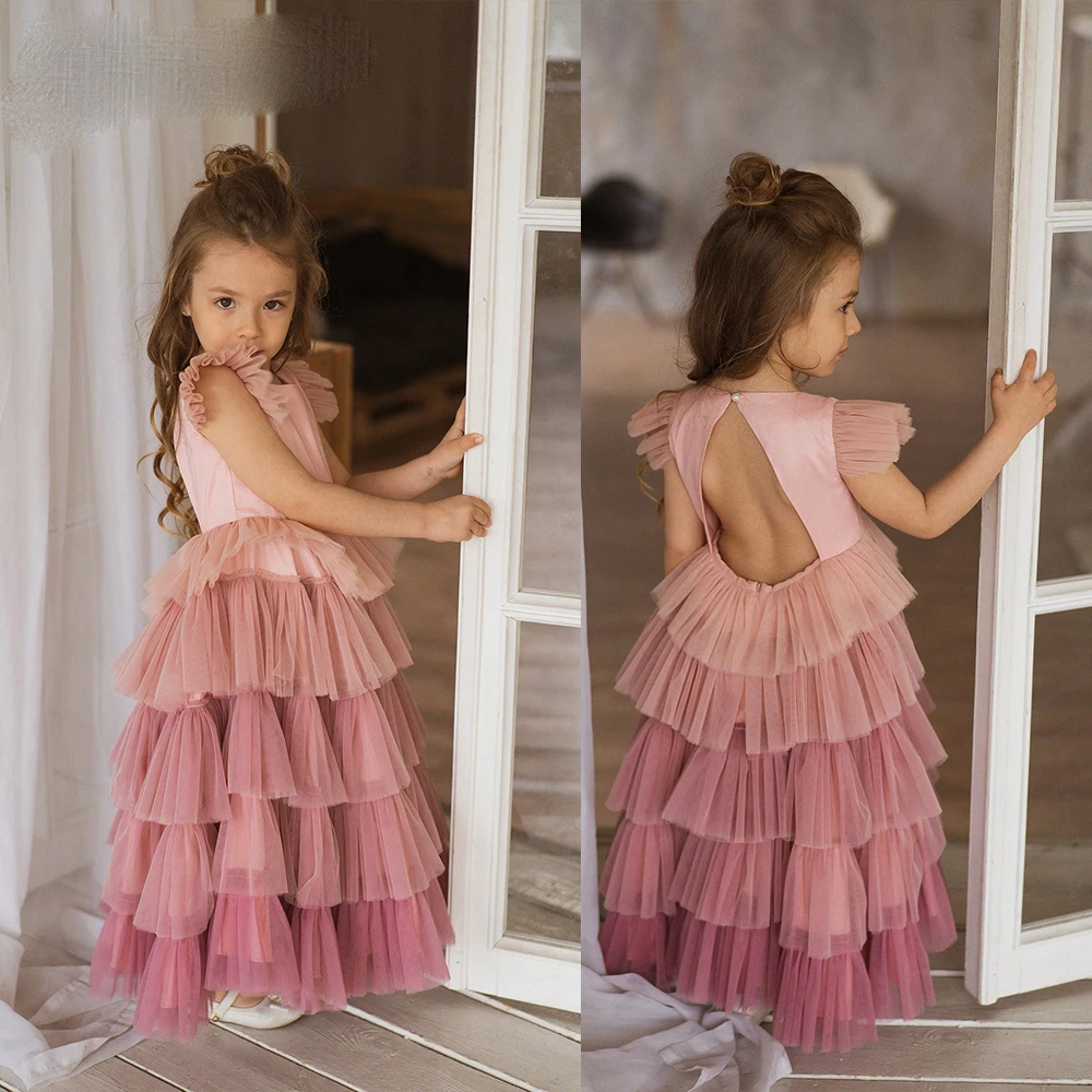

Custom Made Cheap Blush Pink Gradient Tulle Long Tiers Wedding Bridal Flower Girl Dresses For Junior Girls