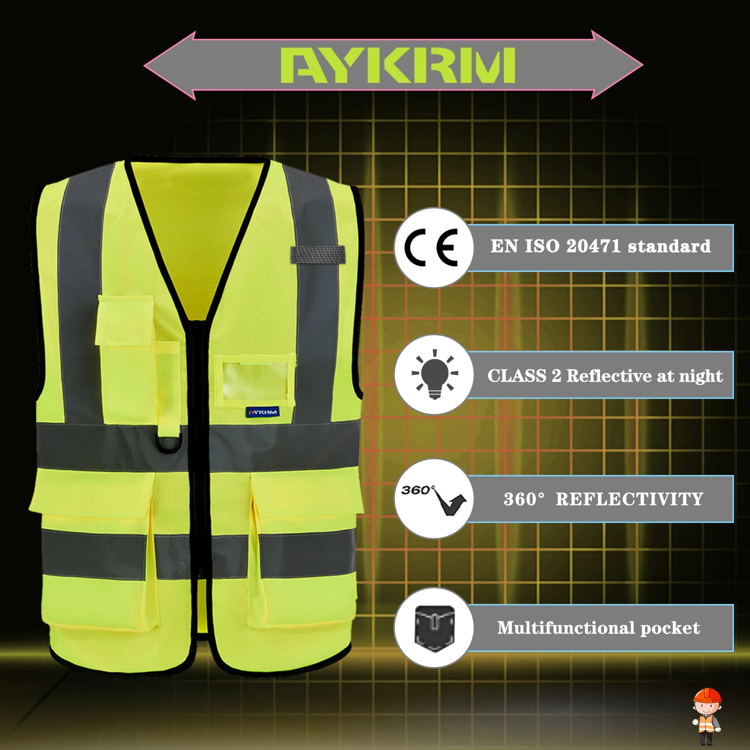 AYKRM 21 цвет (XS-8XL) высокая видимость светоотражающие защитные Безрукавки на молнии